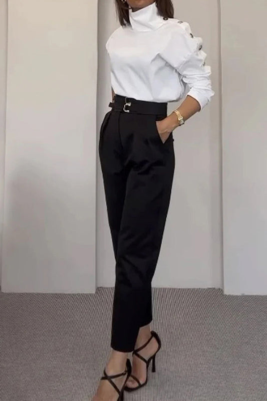 Conjunto informal de dos piezas con cuello alto, manga larga y botones de bolsillo lisos de estilo británico