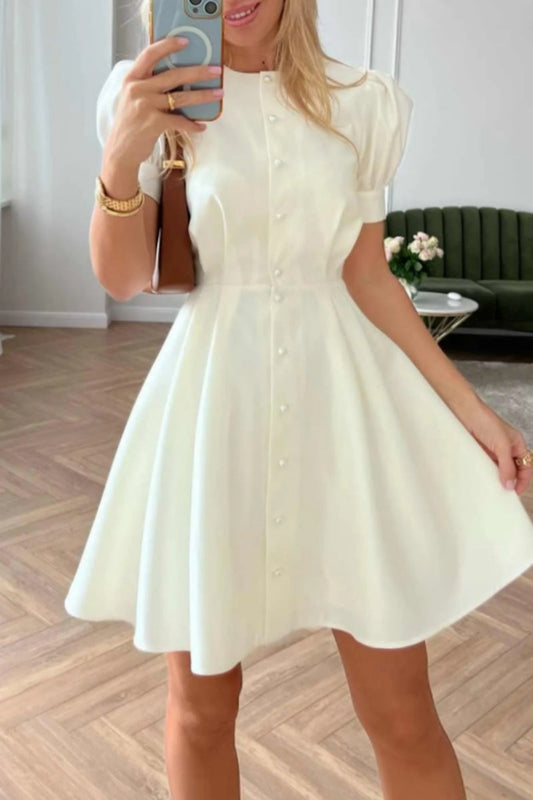 Vestido informal de manga corta con cuello redondo y parches sólidos