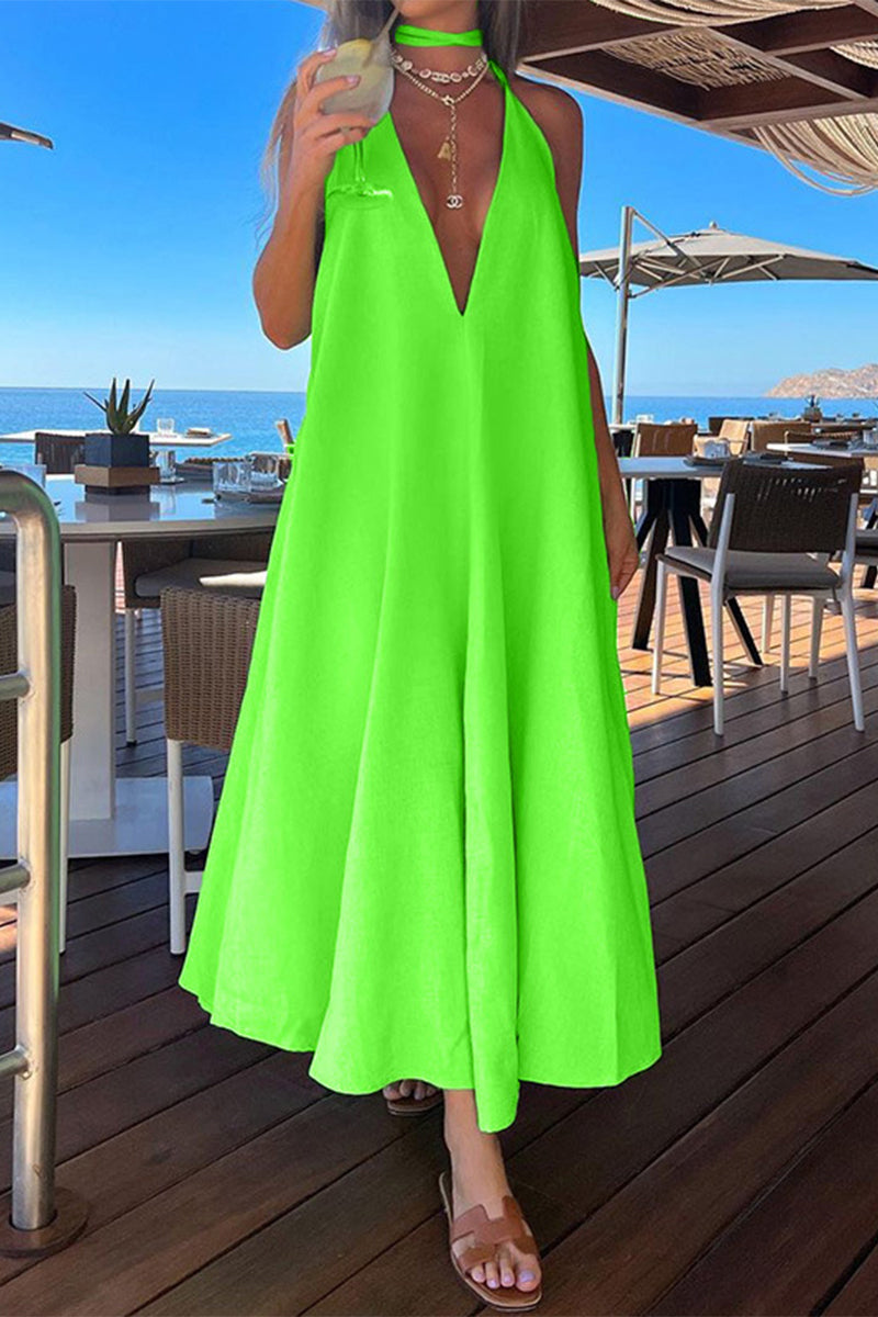 Vestido elegante, sencillo, liso, con cuello halter, sin mangas (5 colores)