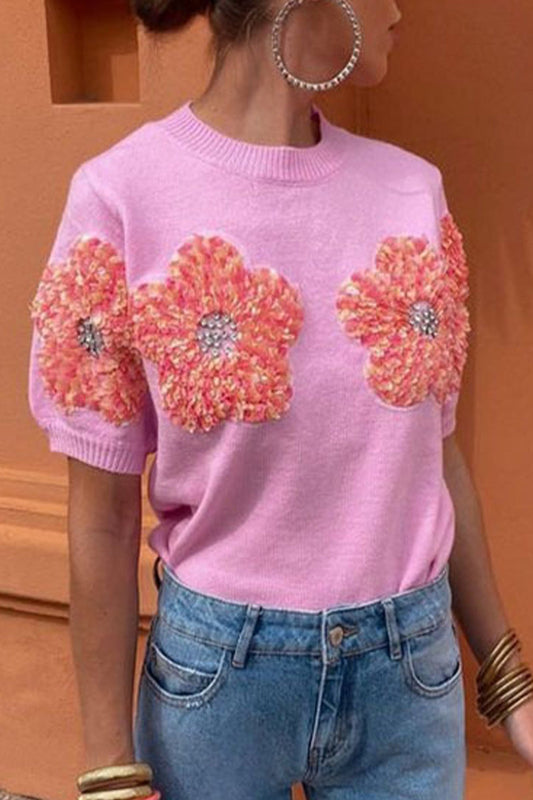 Blusas de cuello redondo con contraste y apliques sólidos dulces