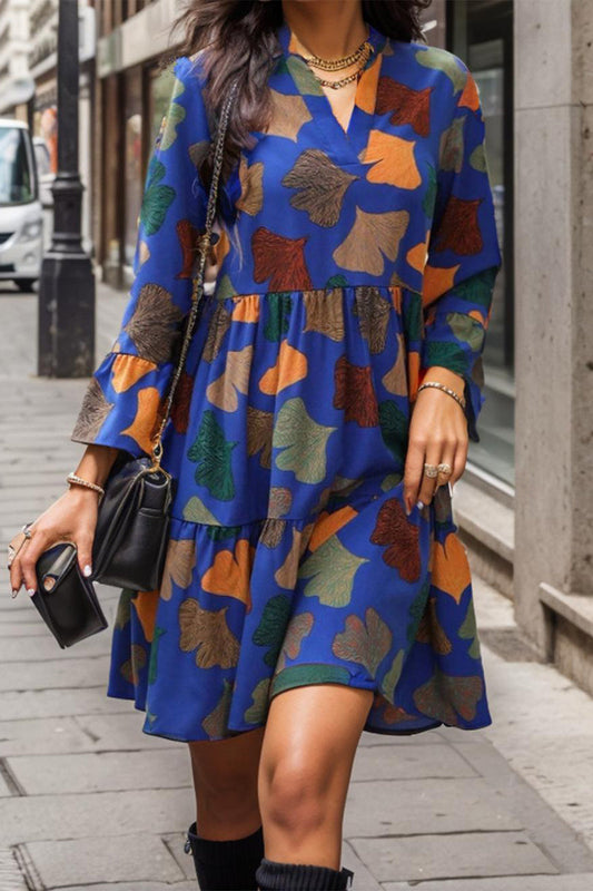 Vestido casual vintage con volantes y cuello en V estampado