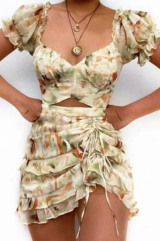 Vestidos irregulares sexys con cuello en V, volantes y cordón floral
