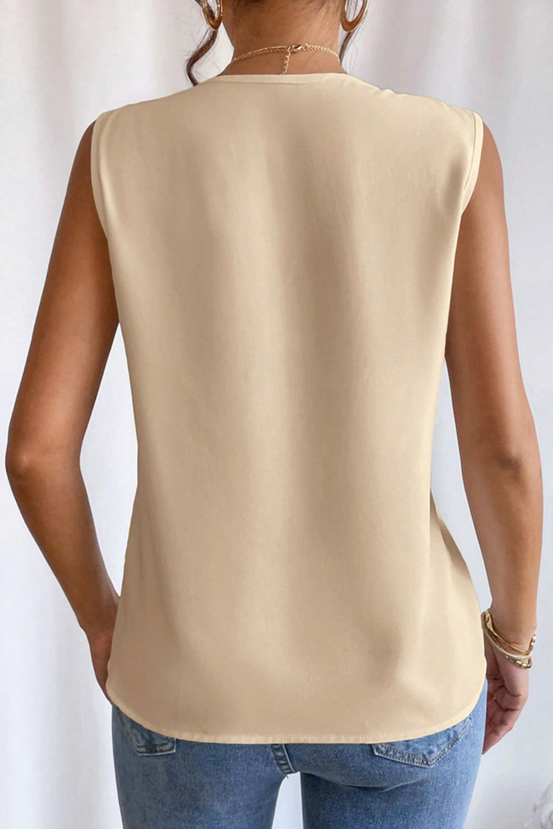 Elegante blusa sencilla con cuello en V y pliegues sólidos