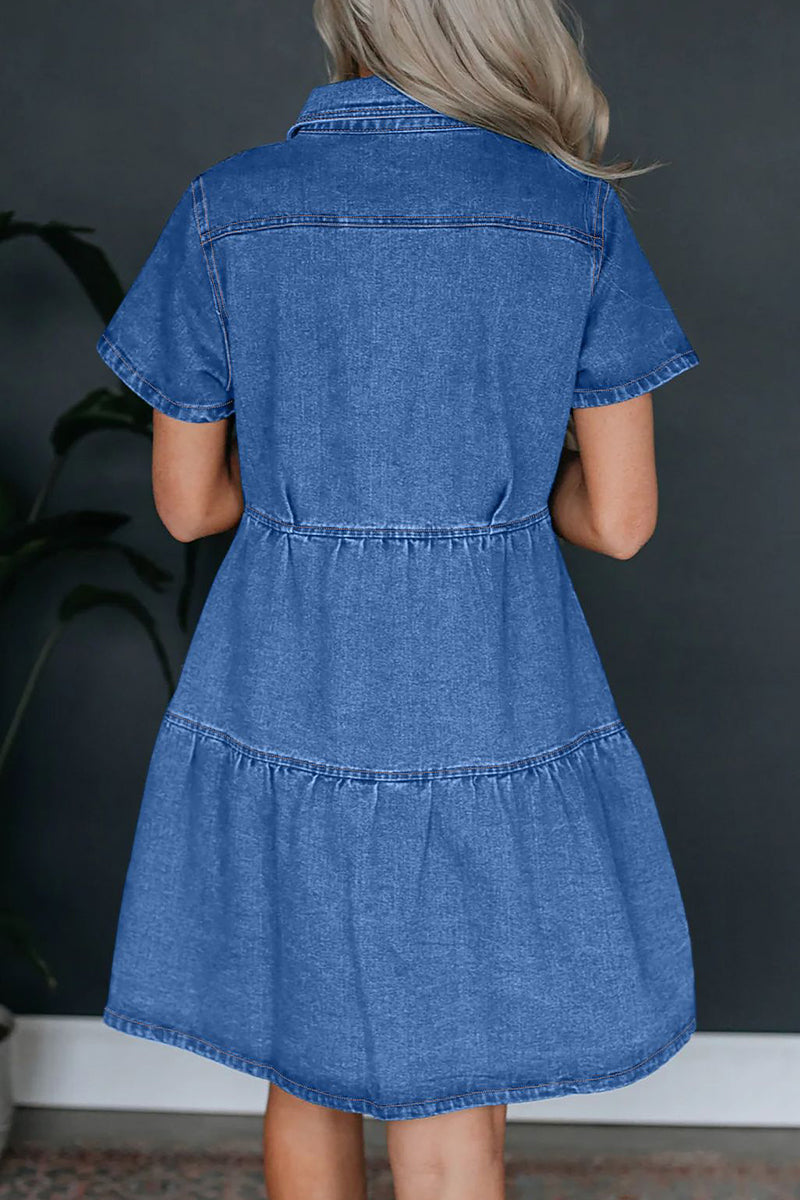 Vestidos vaqueros holgados informales de manga corta con cuello vuelto, bolsillos sólidos y hebilla
