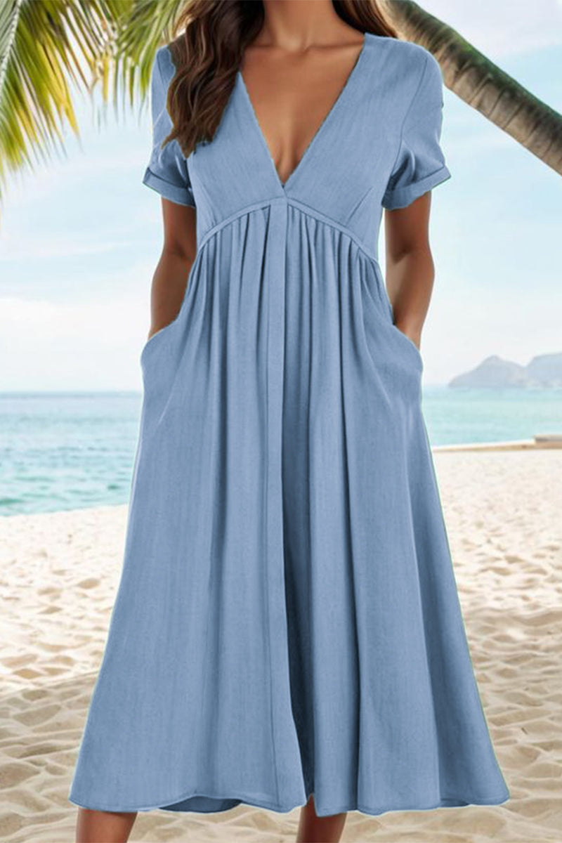 Vestidos casuales de corte A con cuello en V, bolsillos y pliegues sólidos
