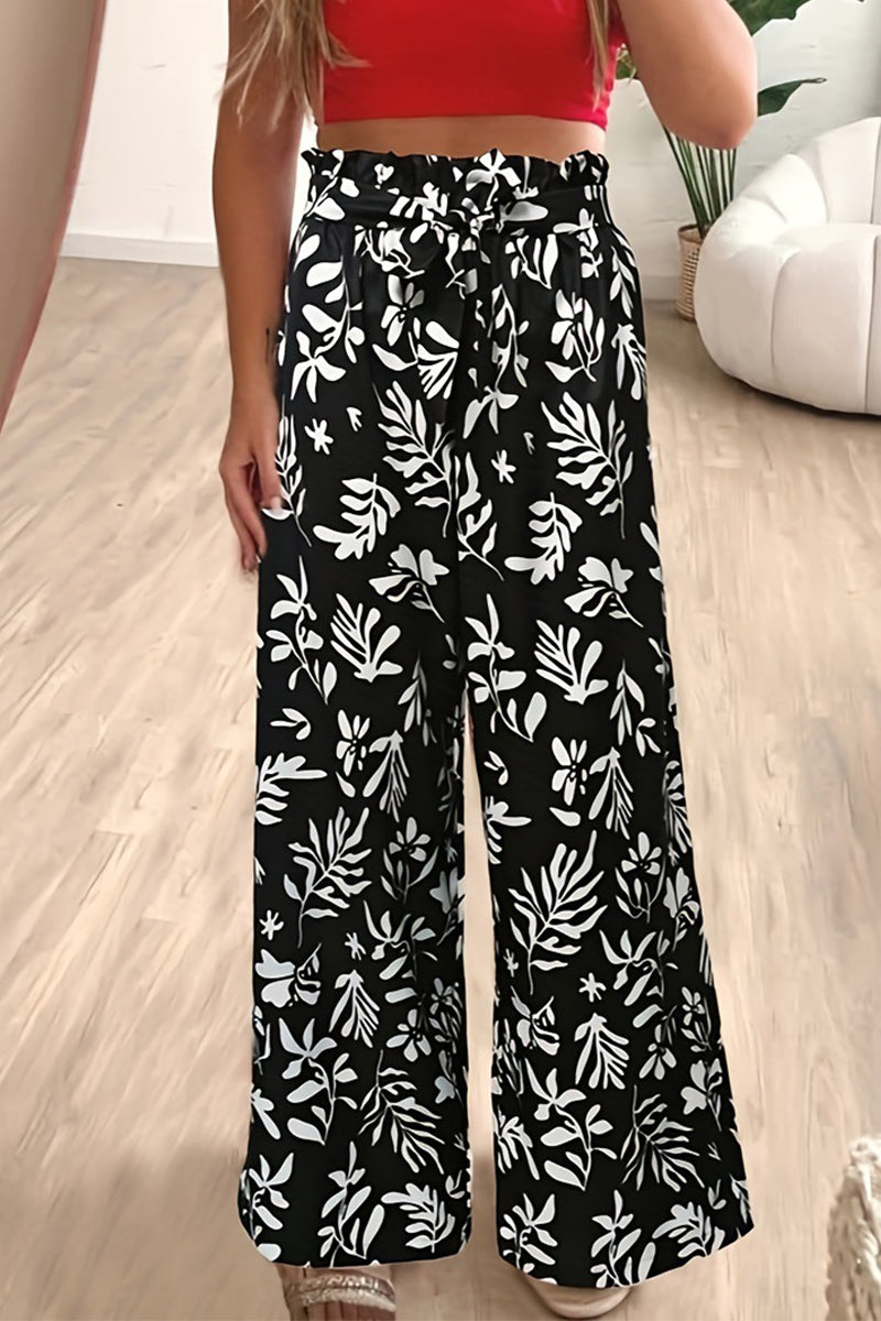 Pantalones casuales vintage con estampado floral, sueltos, de cintura alta y pierna ancha