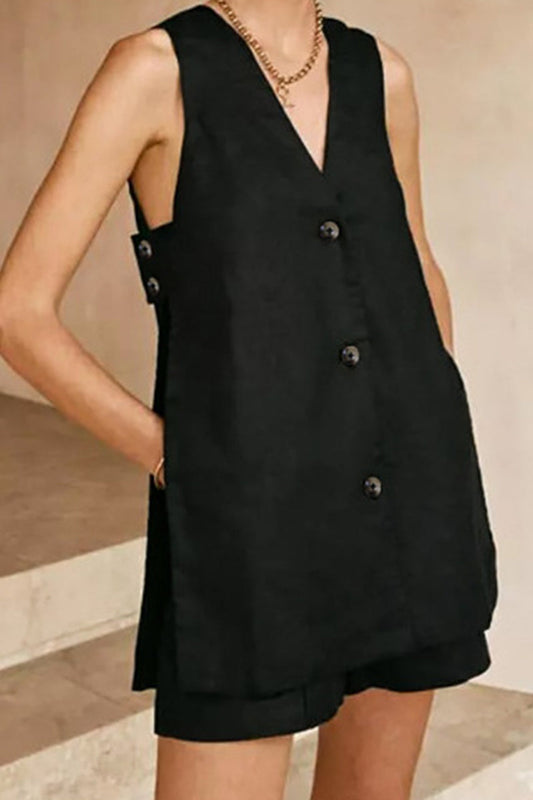 Conjunto informal de dos piezas estilo británico con cuello en V, sin mangas, con bolsillos y hebilla (3 colores)
