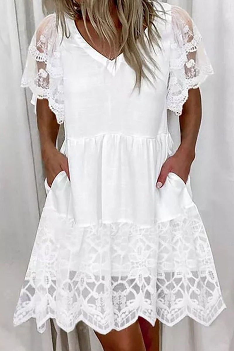 Vestido informal de manga corta con escote en V, corte A y bolsillos de encaje liso