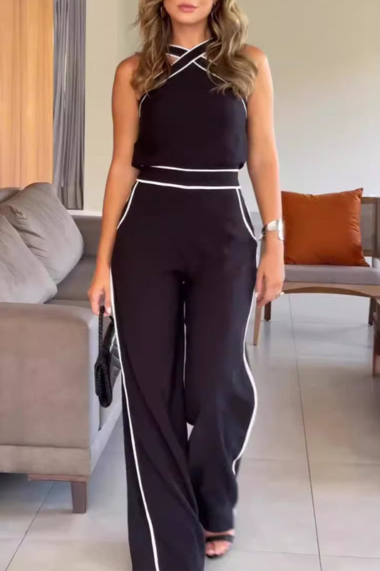 Conjunto informal de dos piezas con cuello halter, sin mangas y bolsillos sólidos en contraste, estilo británico