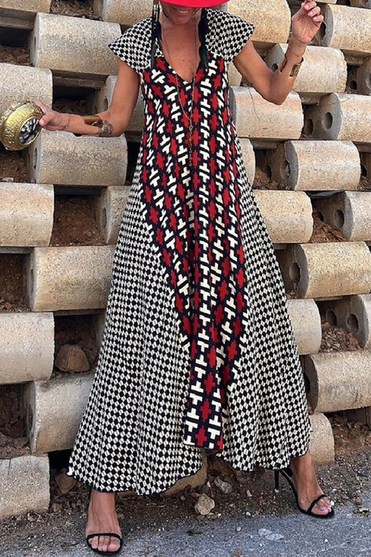 Vestidos casuales vintage con estampado geométrico ondulado, espalda descubierta, cuello en V asimétrico