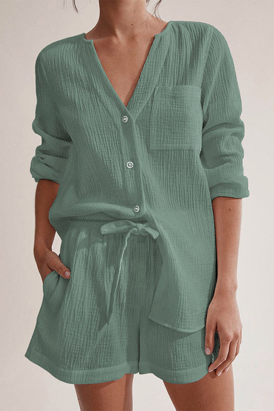 Conjunto de dos piezas informal sencillo con bolsillos, botones, cuello en V, manga larga
