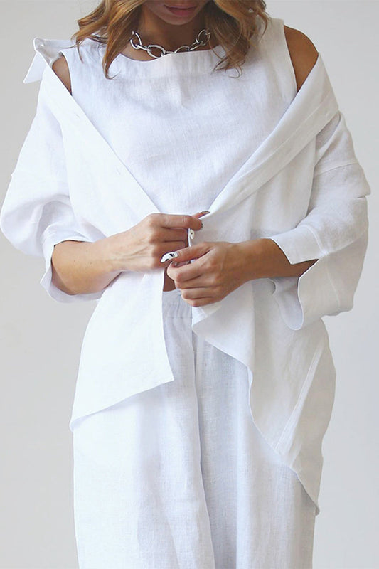 Conjunto informal de tres piezas, liso, con cordón y cuello redondo, sin mangas