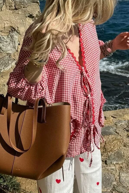 Blusa con cuello en V en contraste y frenillo en forma de corazón a cuadros dulces