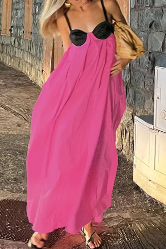 Vestidos casuales de patchwork liso con lazo en contraste y escote en V