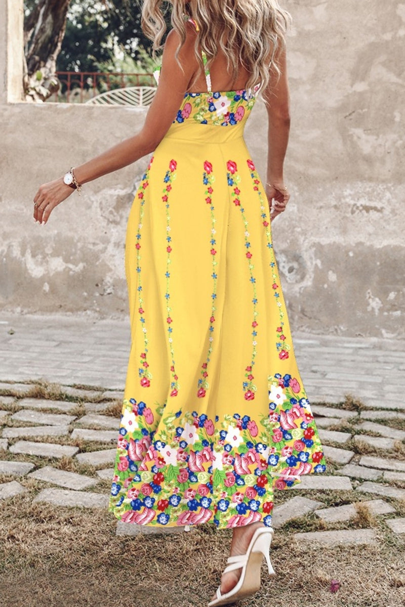 Vestidos largos sexis informales con estampado, espalda descubierta, abertura y tirantes finos