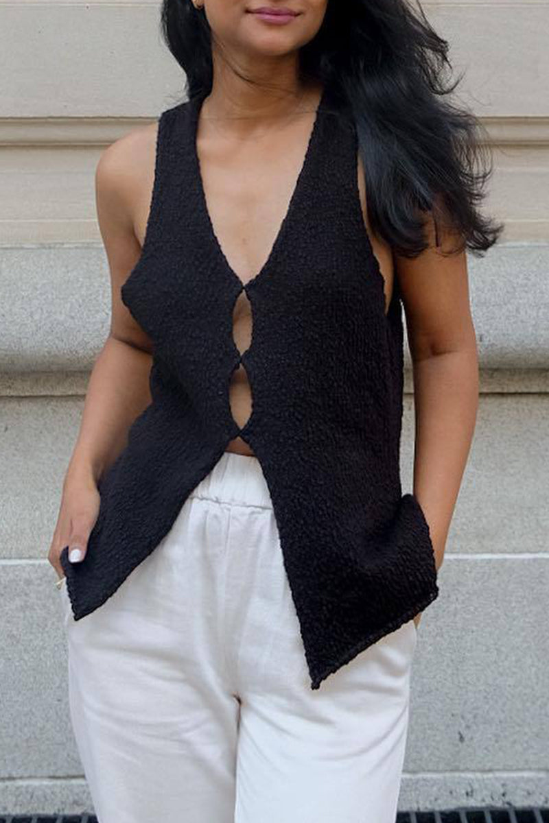 Tops casuales de estilo británico con cuello en V ahuecado y liso