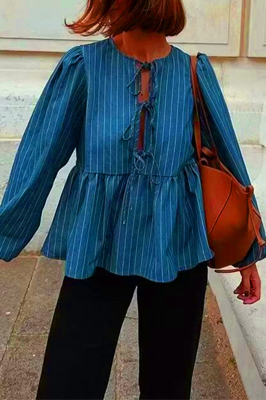 Tops casuales vintage a rayas con frenillo y cuello redondo