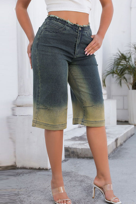 Pantalones cortos vaqueros holgados de cintura media con botones y cremallera y bolsillos de patchwork con degradado vintage informal