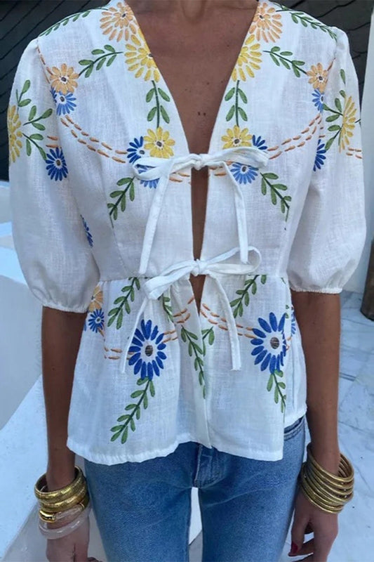 Blusas casuales con cuello en V y frenillo con estampado de flores
