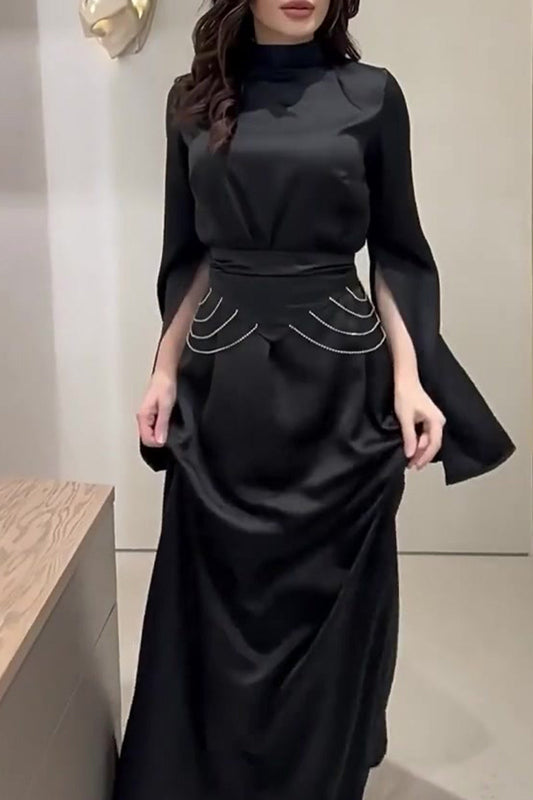 Elegante vestido de falda con cuello alto y abertura en la cintura (3 colores)