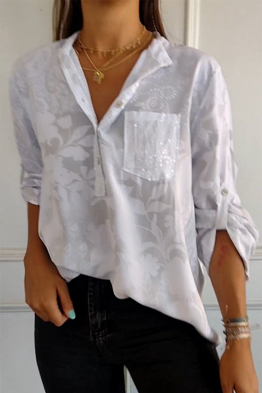 Blusas de cuello mandarín con bolsillos florales en contraste (10 colores)