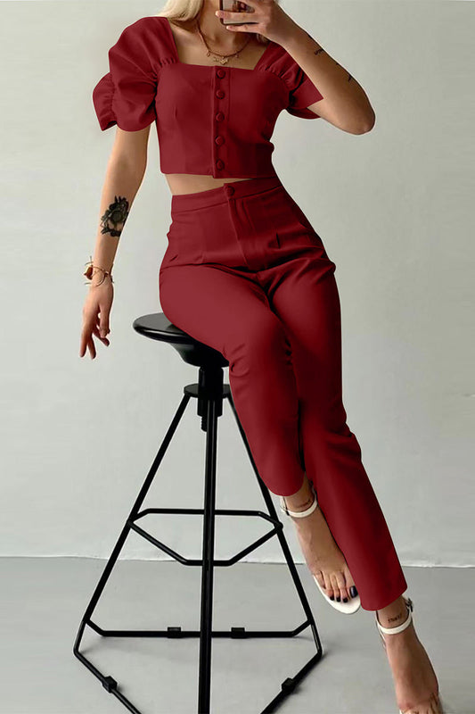 Conjunto informal de dos piezas con botones lisos, cuello cuadrado, manga corta (7 colores)
