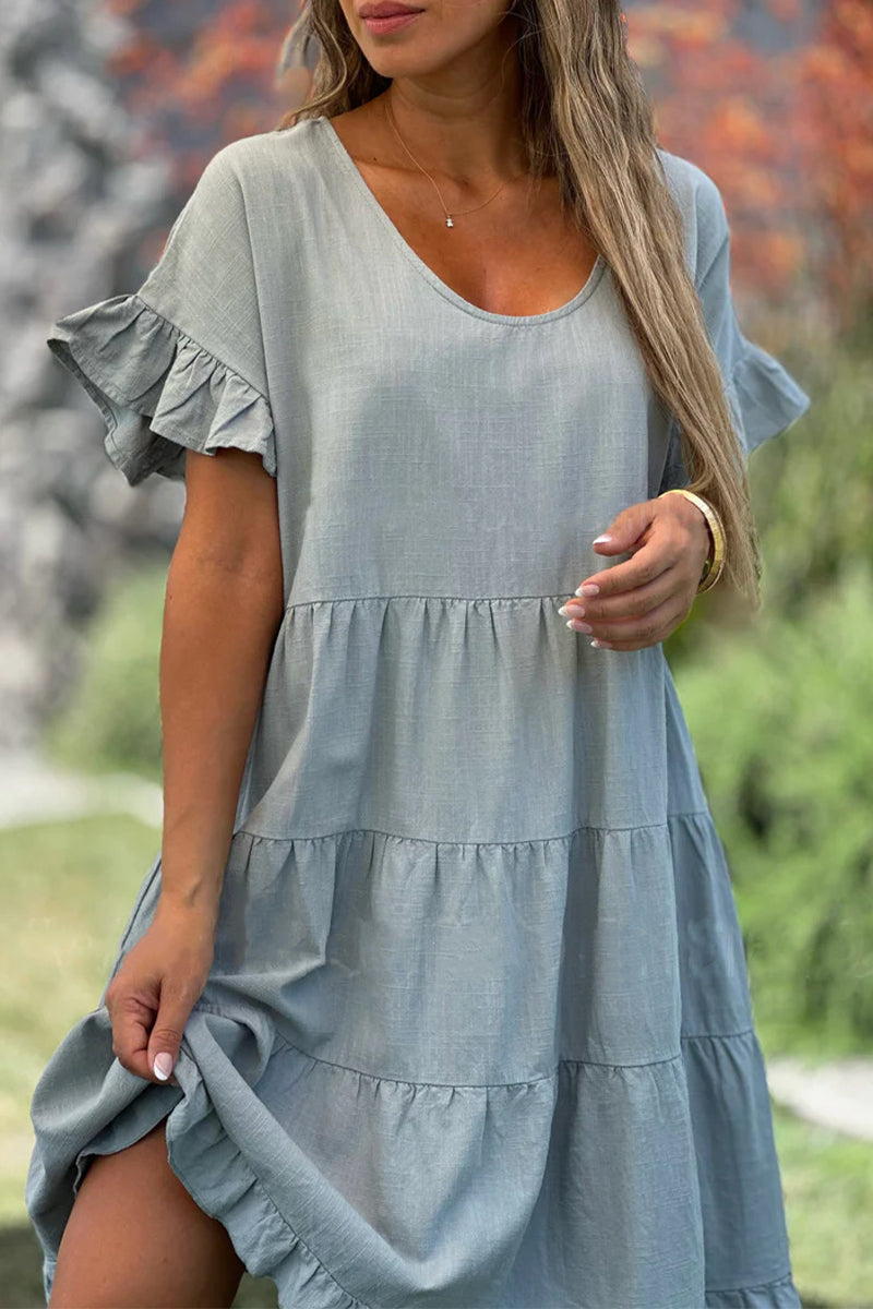 Vestido informal sencillo de manga corta con volantes, cuello redondo y corte A (3 colores)