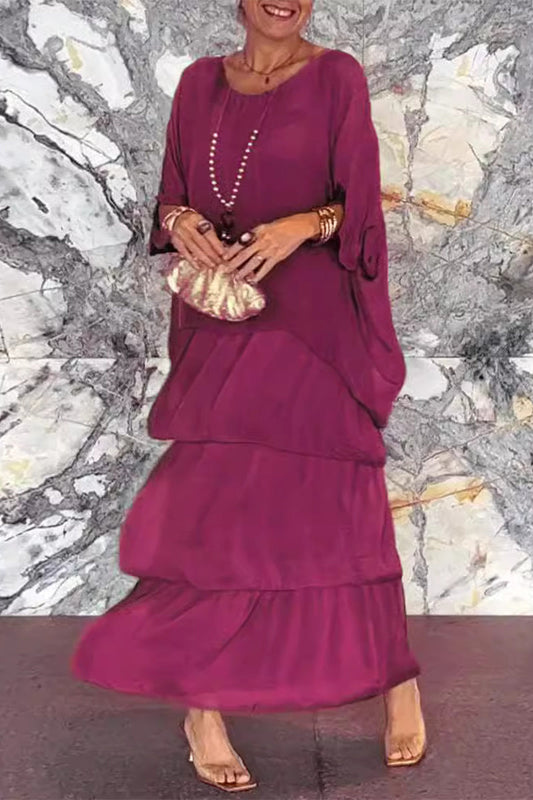 Elegantes vestidos irregulares con cuello redondo y volantes en contraste liso