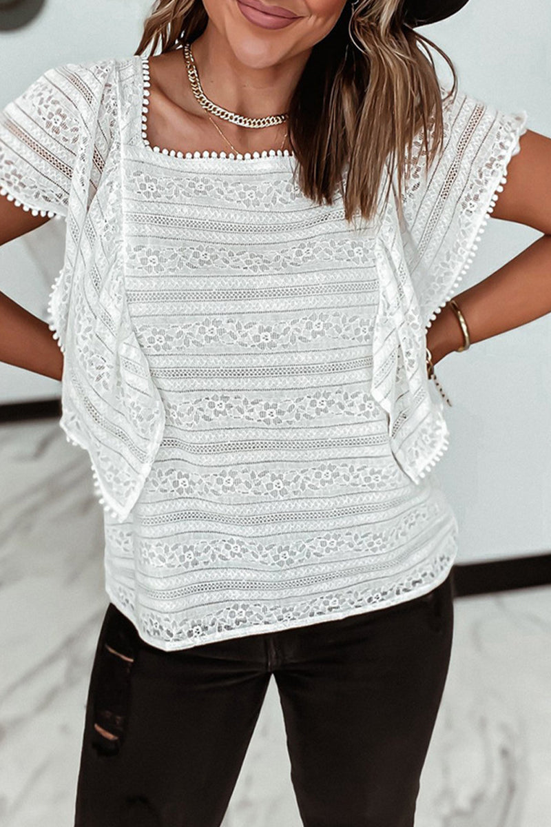 Tops casuales sencillos de encaje liso con cuello redondo ahuecado
