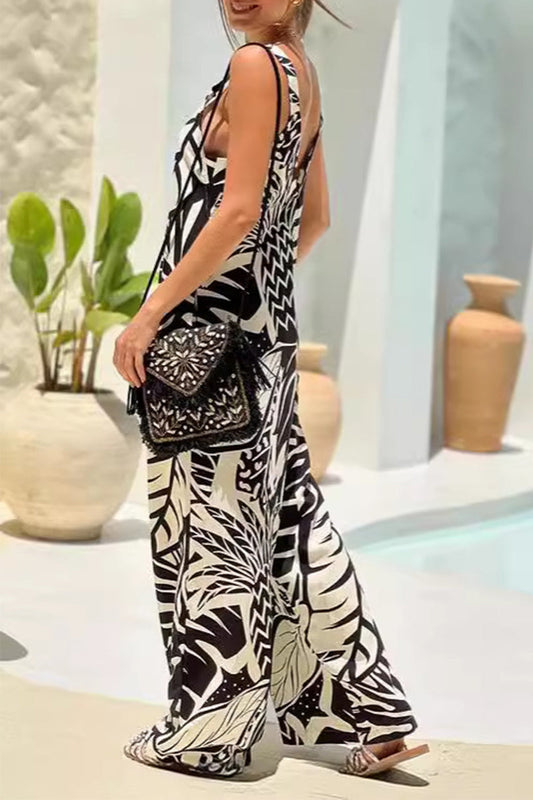 Mono holgado informal con cuello en V y bolsillo con estampado geométrico