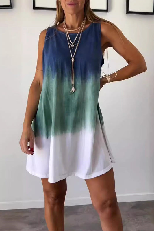 Vestidos casuales sin mangas con cuello redondo, estampado degradado y teñido anudado en contraste