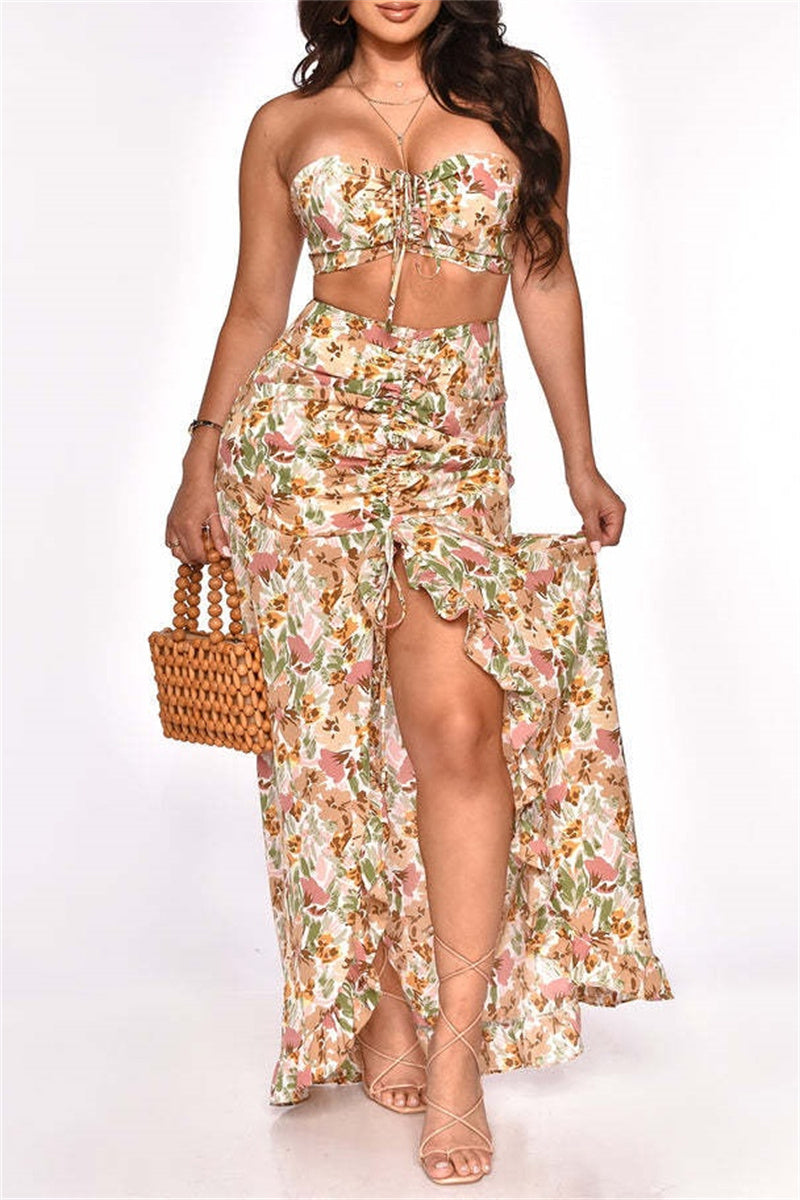 Conjunto de dos piezas sexy informal con estampado de cordón, espalda descubierta, abertura, sin tirantes y sin mangas (3 colores)