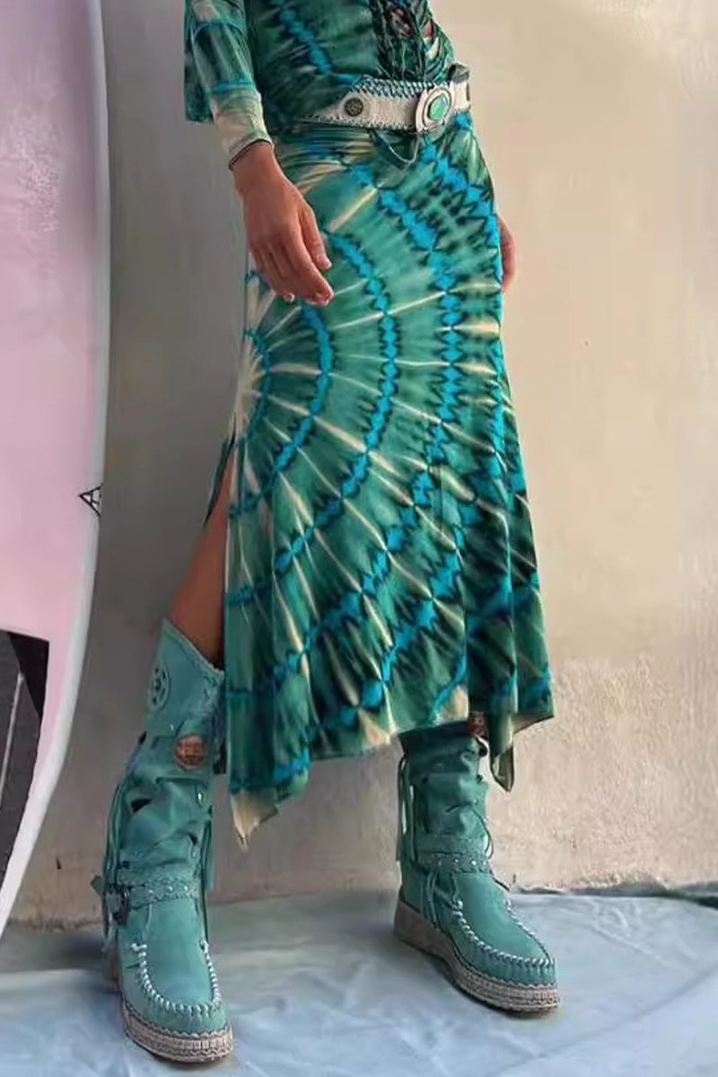 Pantalones casuales de cintura alta, sueltos, con abertura y teñido anudado, tipo A, con estampado completo