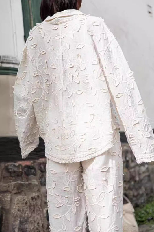 Conjunto informal de dos piezas de manga larga con cuello vuelto y jacquard liso