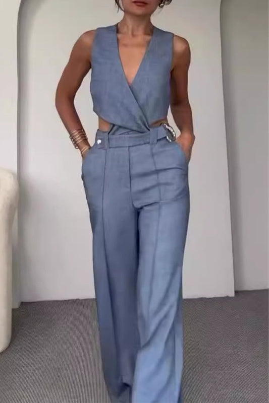 Conjunto informal de dos piezas con cuello en V, sin mangas, botones sólidos, estilo británico