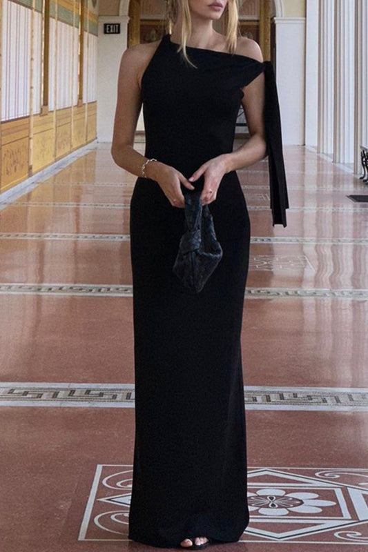 Vestidos elegantes de celebridades con falda de un solo paso, cuello oblicuo y frenillo liso (5 colores)