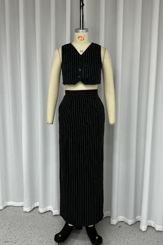 Conjunto informal de dos piezas con cuello en V, sin mangas, con bolsillos y retazos a rayas