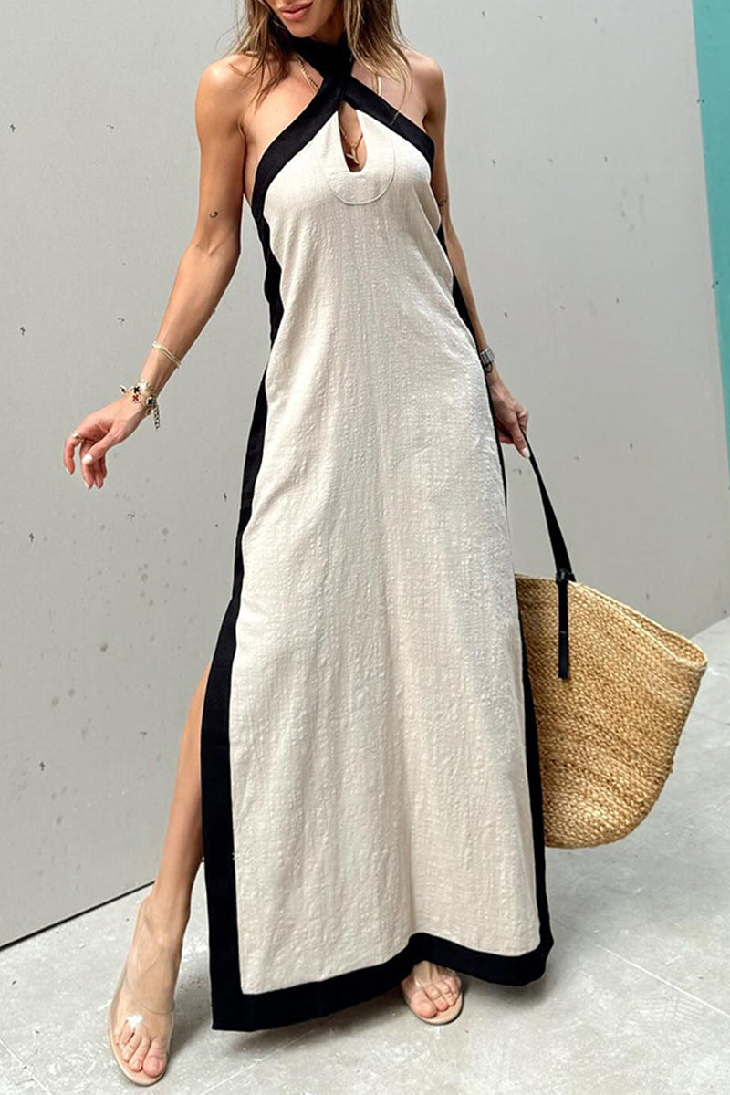 Vestidos casuales sin mangas con cuello halter, aberturas y contraste (3 colores)