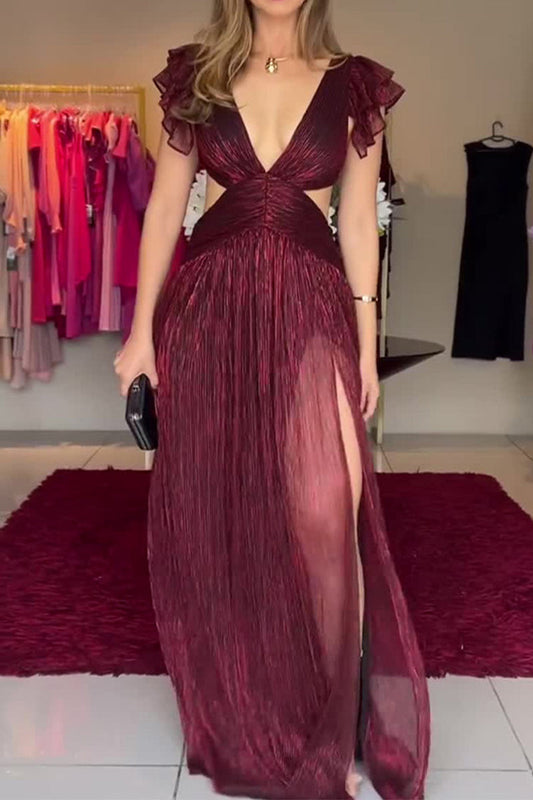 Vestidos sexis de corte A con escote en V plisado y abertura en color sólido
