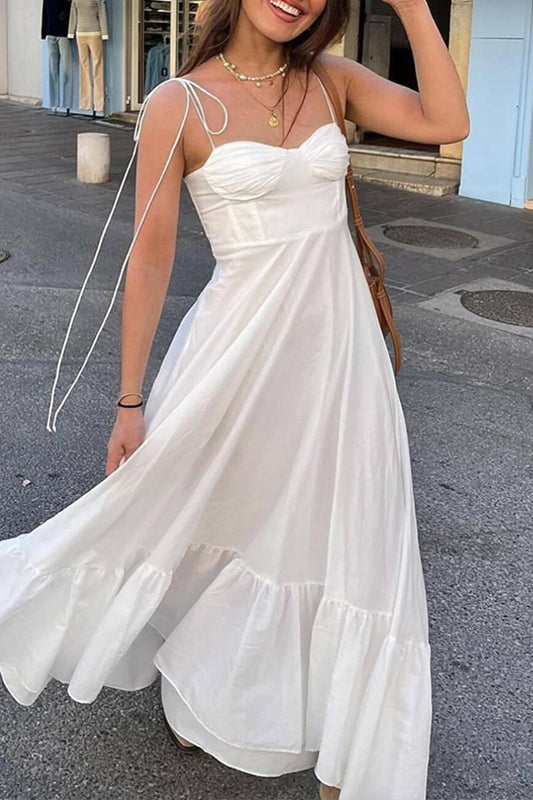 Vestidos casuales de uso diario con cuello en V, tirantes finos, fruncidos y dobladillo con volantes en color liso