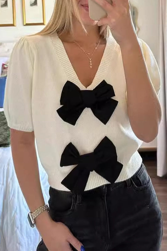 Tops casuales de cuello en V con lazo decorativo de color sólido para uso diario