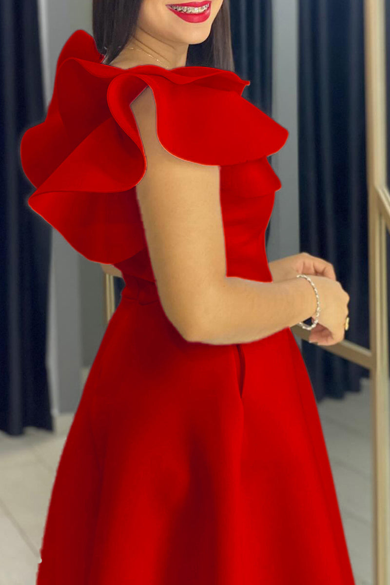Vestidos de celebridades con cuello en V, línea A, con volantes y patchwork en color liso (4 colores)