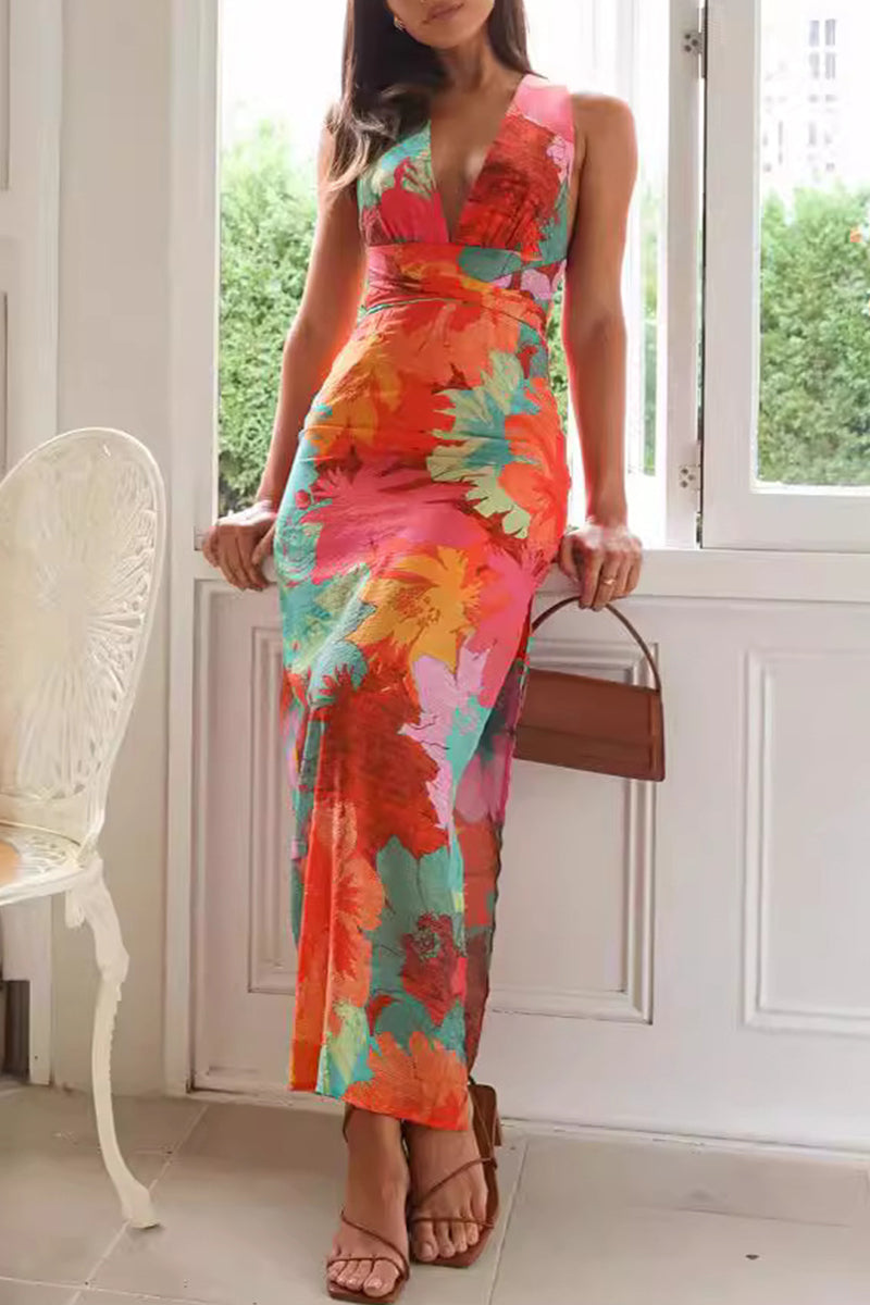 Vestido sexy de falda de un solo paso con escote en V y tirantes, espalda descubierta y estampado floral