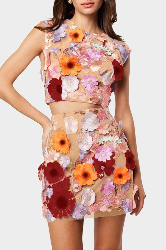 Conjunto informal de dos piezas sin mangas con cuello redondo y bordado de flores (3 colores)