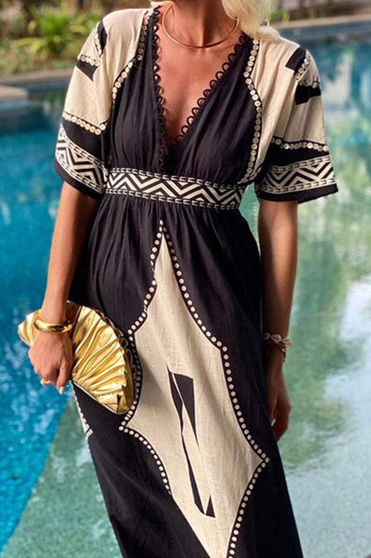 Vestido informal de manga corta con cuello en V, estampado bohemio, rombos y patchwork