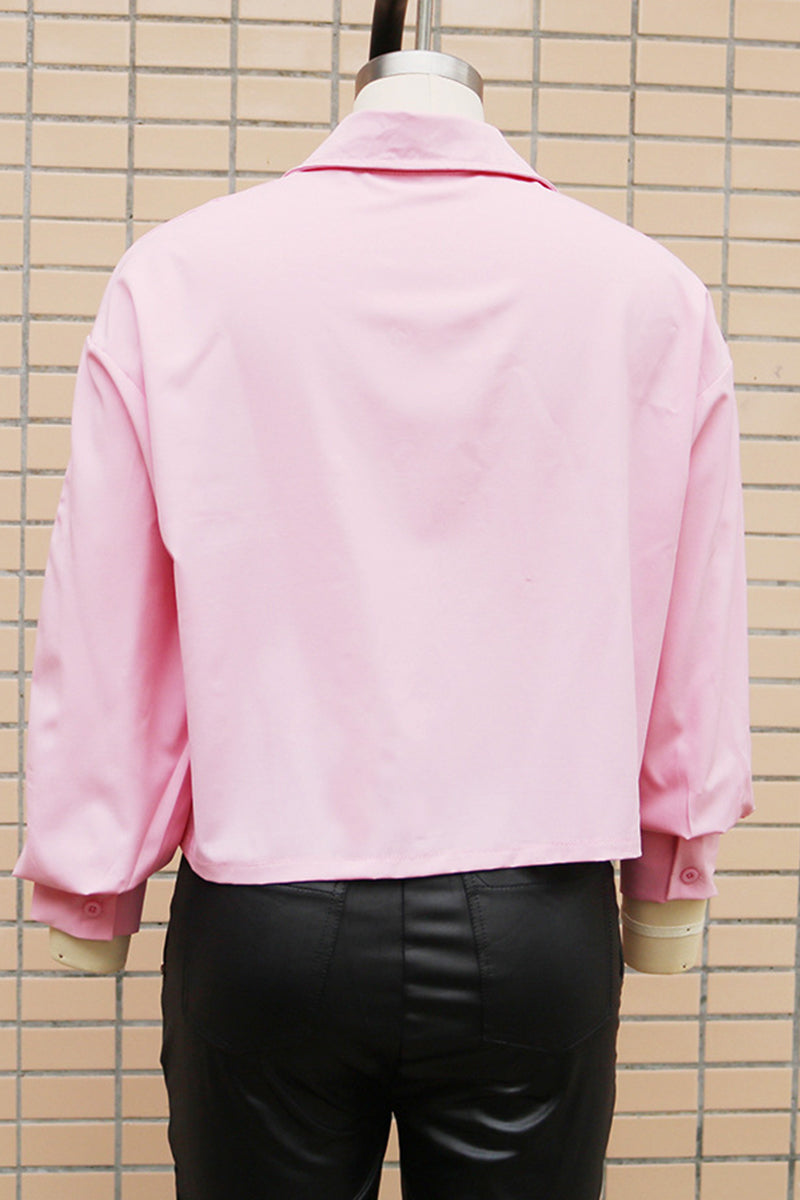 Blusa informal de cuello camisero con botones y patchwork de color liso para uso diario