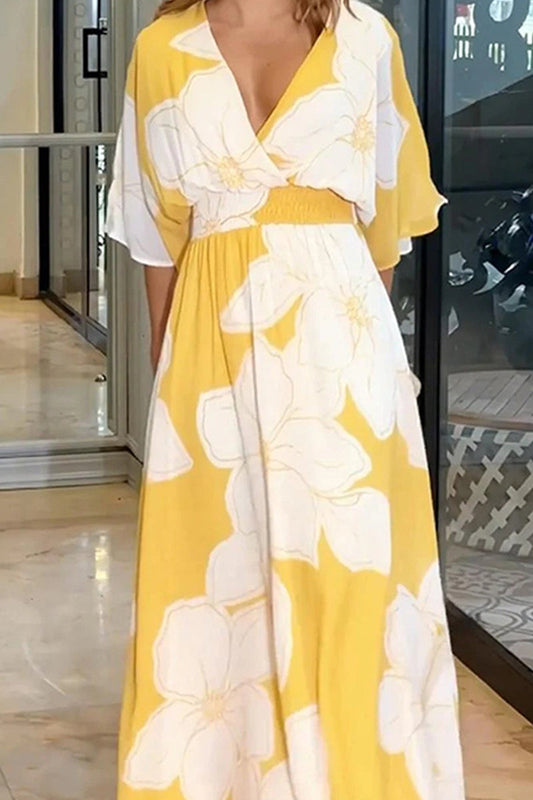 Vestidos casuales de calle con estampado irregular de flores, sin espalda, cuello en V, línea A