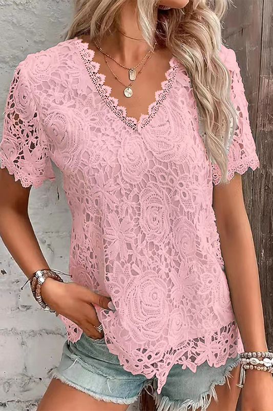 Camisetas informales de cuello en V con encaje de color liso para uso diario (5 colores)