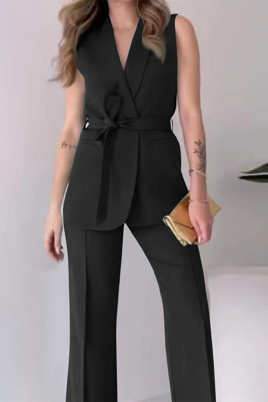 Conjunto informal de dos piezas con cuello en V, sin mangas, color sólido, con cordones (6 colores)