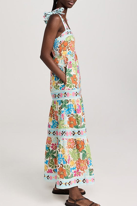 Vestidos largos con cuello cuadrado y diseño de patchwork con tirantes y espalda descubierta con estampado de celebridades